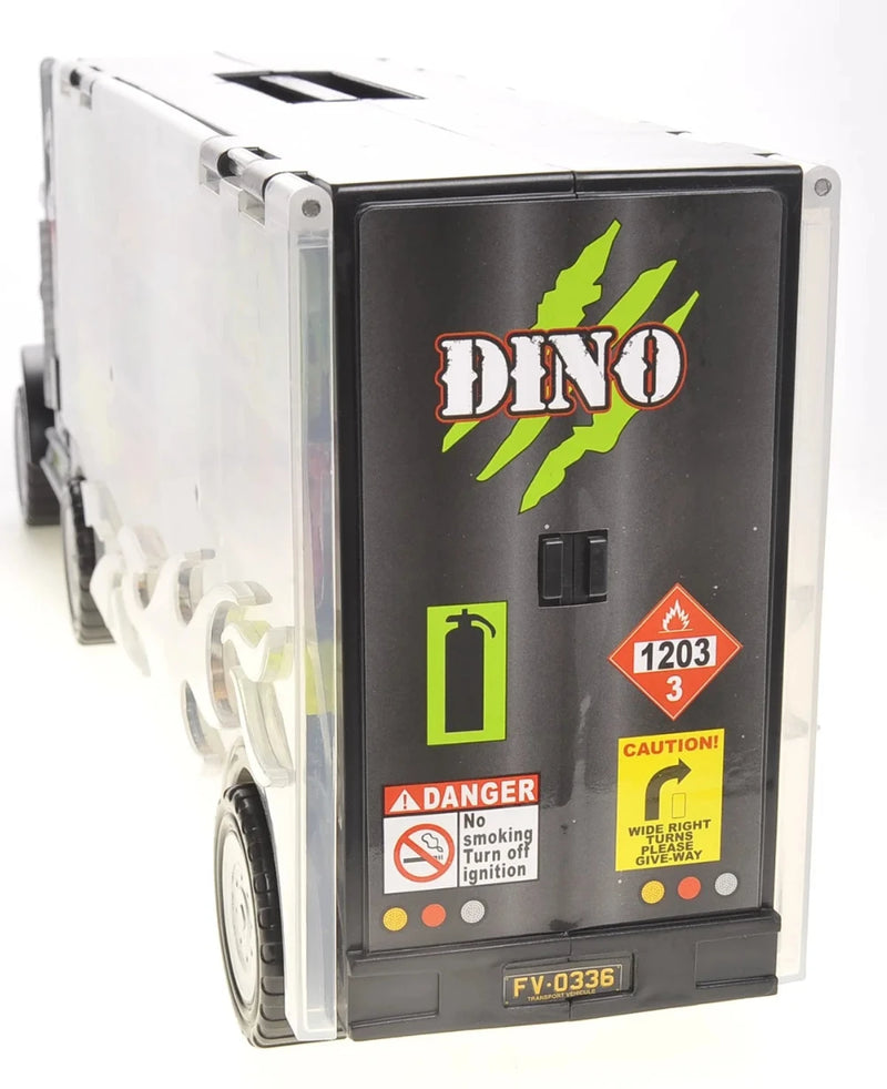 Rear view of the dinosaur carrier truck featuring warning signs and 'Dino' logo