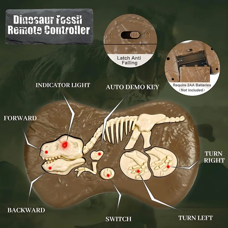 Dinosaur fossil-themed remote control with forward, backward, and auto demo key features