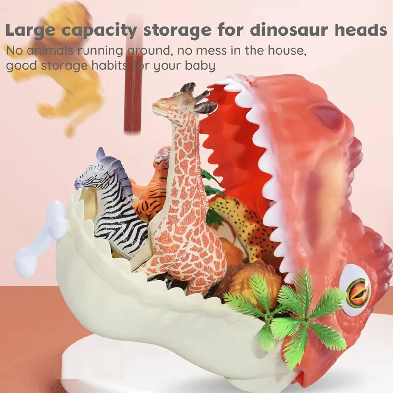 Large capacity dinosaur head storage box holding toy animals, helping keep play areas clean and organized.