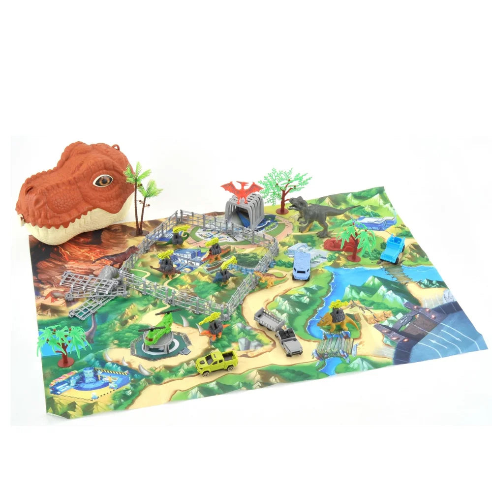 Dinosaur head playmat set with realistic figures, vehicles, and fences for a complete Jurassic-themed play experience.