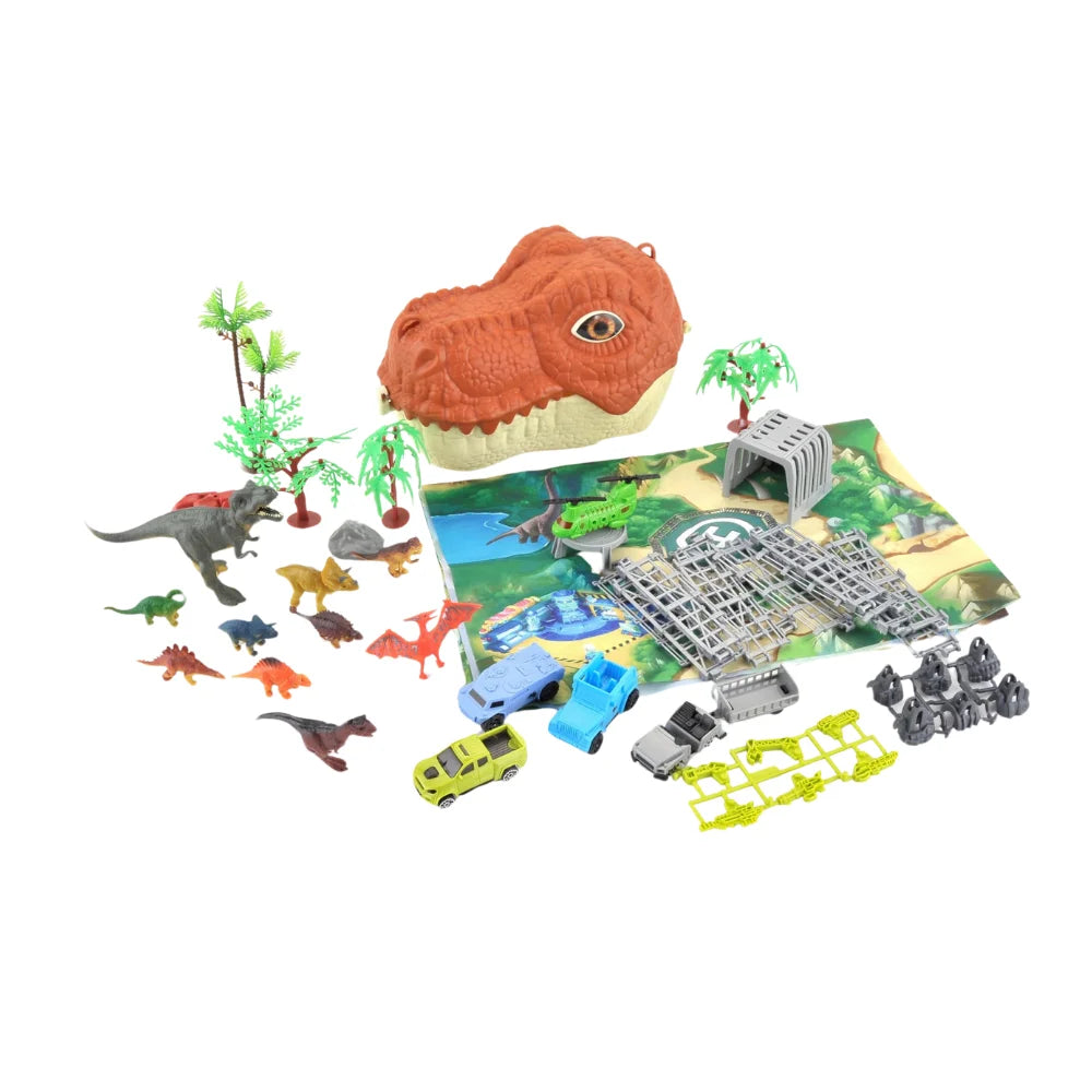 Dinosaur head storage set with dinosaur figures, toy vehicles, and accessories on a vibrant playmat, perfect for imaginative play.