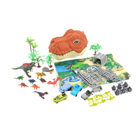 Dinosaur head storage set with dinosaur figures, toy vehicles, and accessories on a vibrant playmat, perfect for imaginative play.