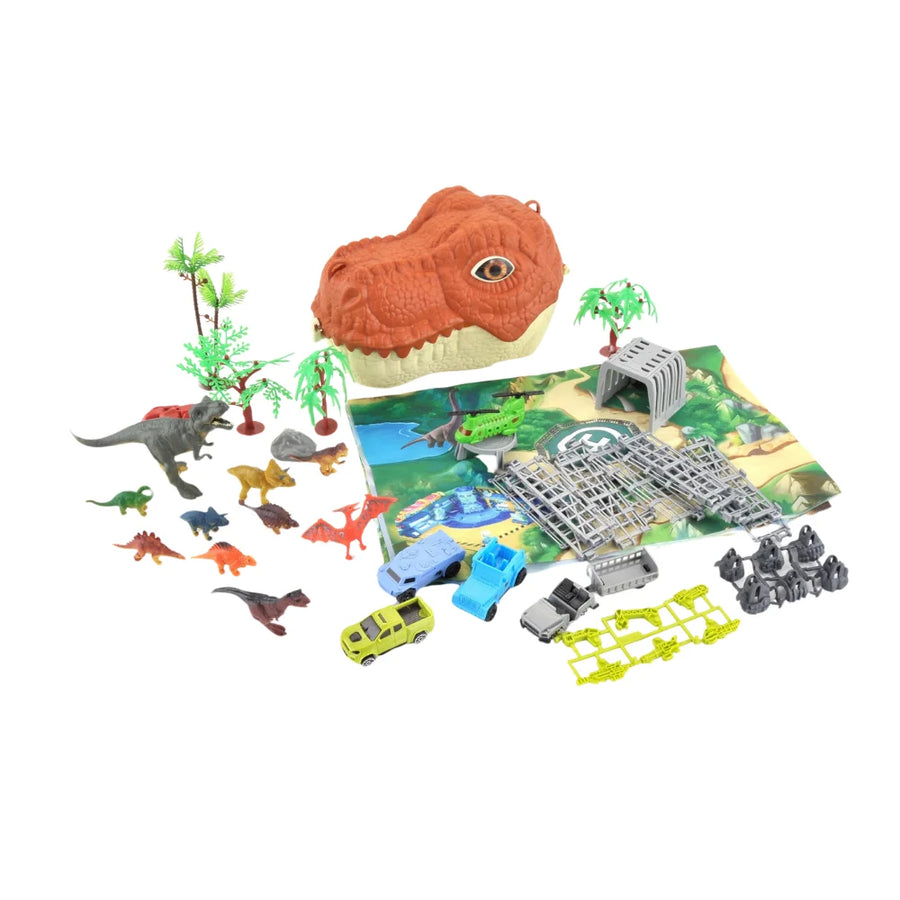 Dinosaur head storage set with dinosaur figures, toy vehicles, and accessories on a vibrant playmat, perfect for imaginative play.
