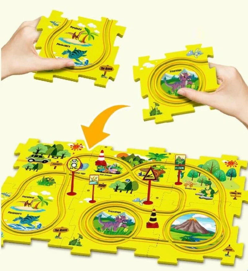 Dinosaur road puzzle assembled with traffic signs and green toy car, perfect for imaginative play
