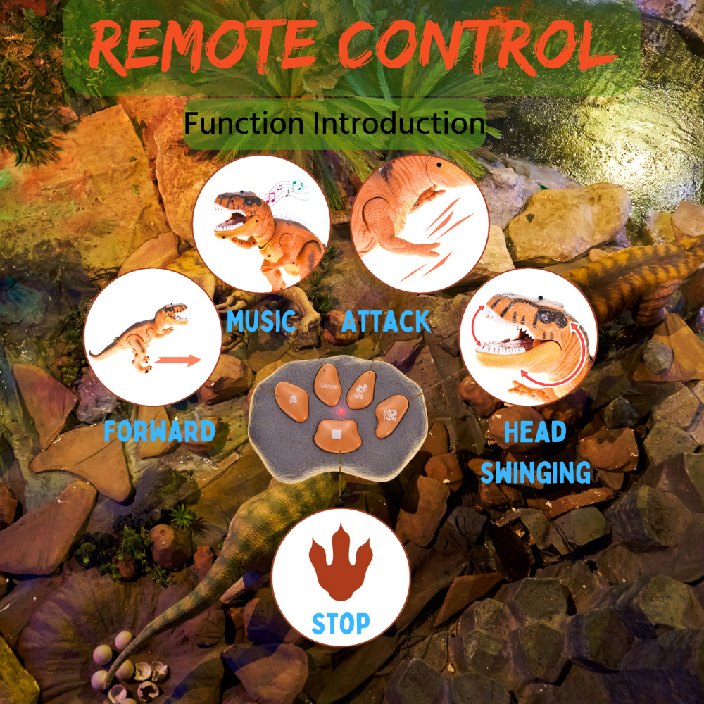 Paw-shaped remote control showing buttons for forward, music, attack, head swinging, and stop functions for the dinosaur toy.
