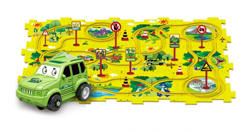 Various layout options for assembling the dinosaur-themed road puzzle for kids