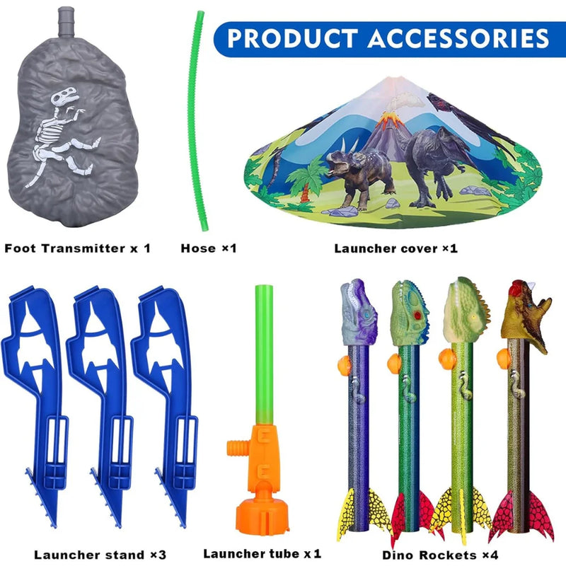  Dinosaur rocket toy accessory kit including launchers, rockets, parachute cover, and air pump.