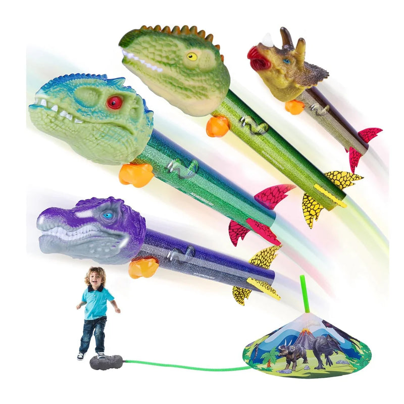 A set of dinosaur-themed rocket toys with colorful heads, perfect for outdoor fun for kids.