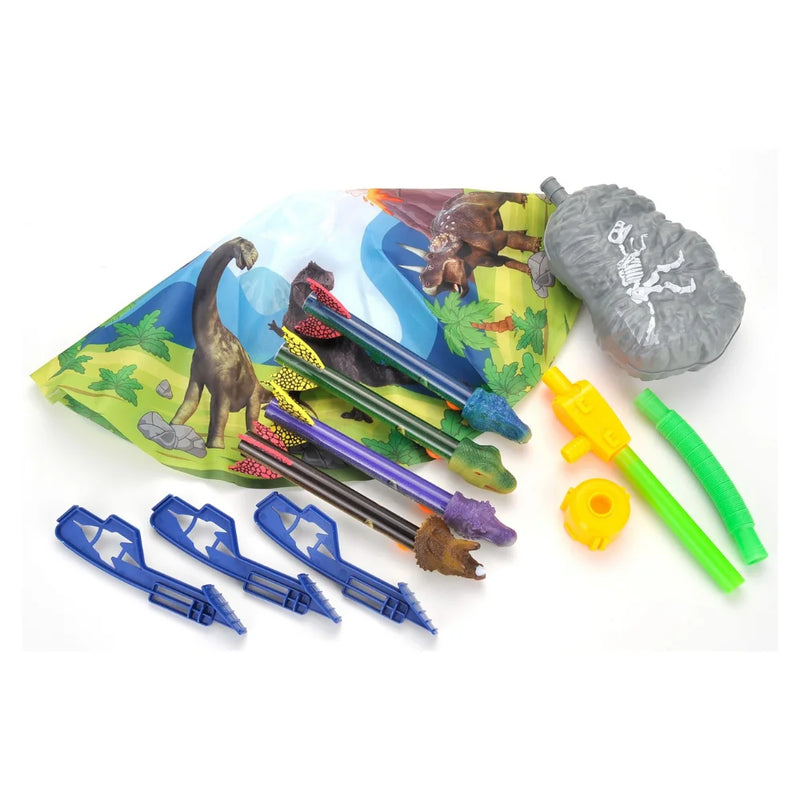  Full dinosaur rocket toy set featuring rockets, a themed parachute, and accessories for assembly.