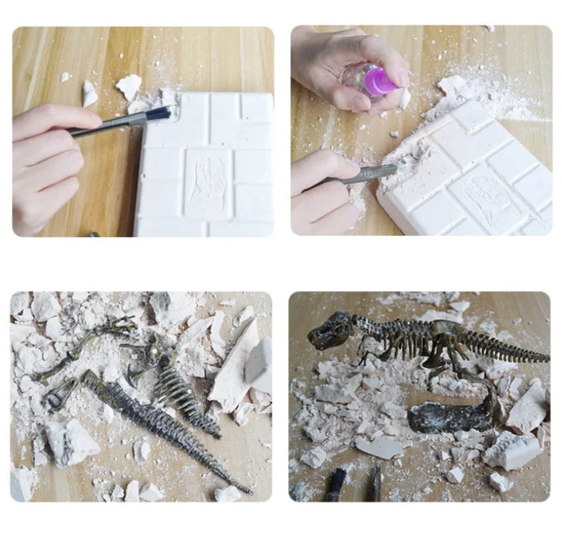 Close-up of T-Rex skeleton excavation toy in progress with digging tools