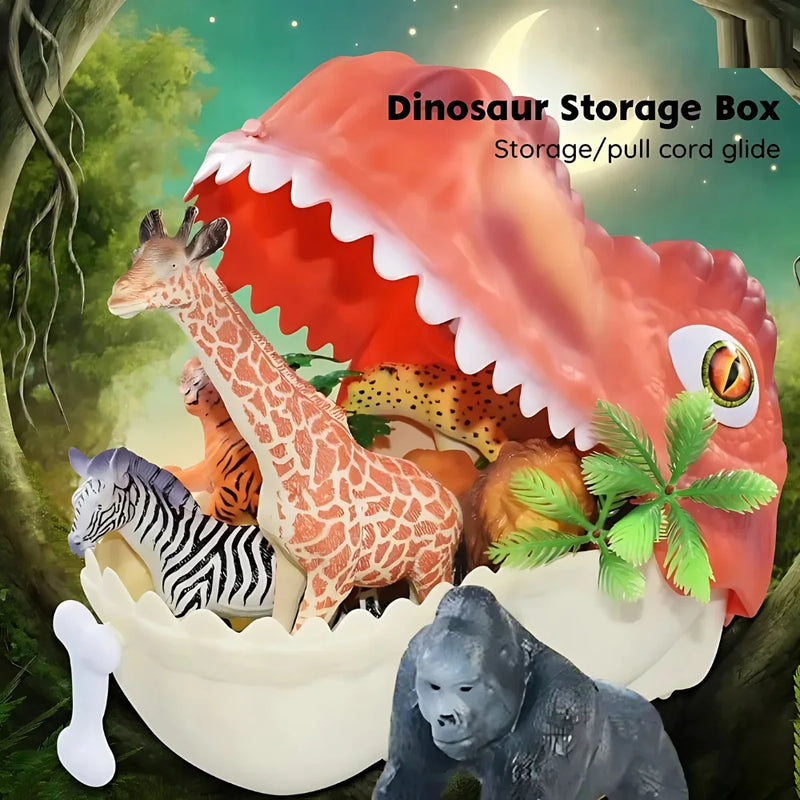Dinosaur storage box filled with giraffes, tigers, and other animal figures, perfect for fun and tidy playtime.