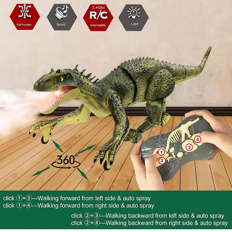 360-degree movement demonstration of the remote control dinosaur toy with mist spray