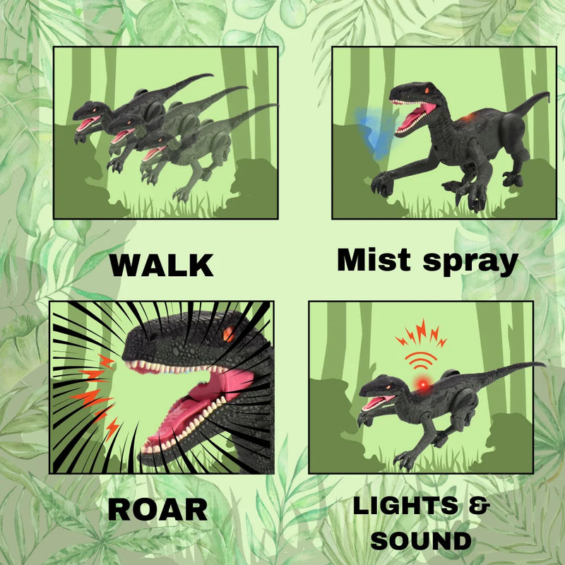 Interactive dinosaur toy showcasing walking, mist spray, roaring, and LED light effects.