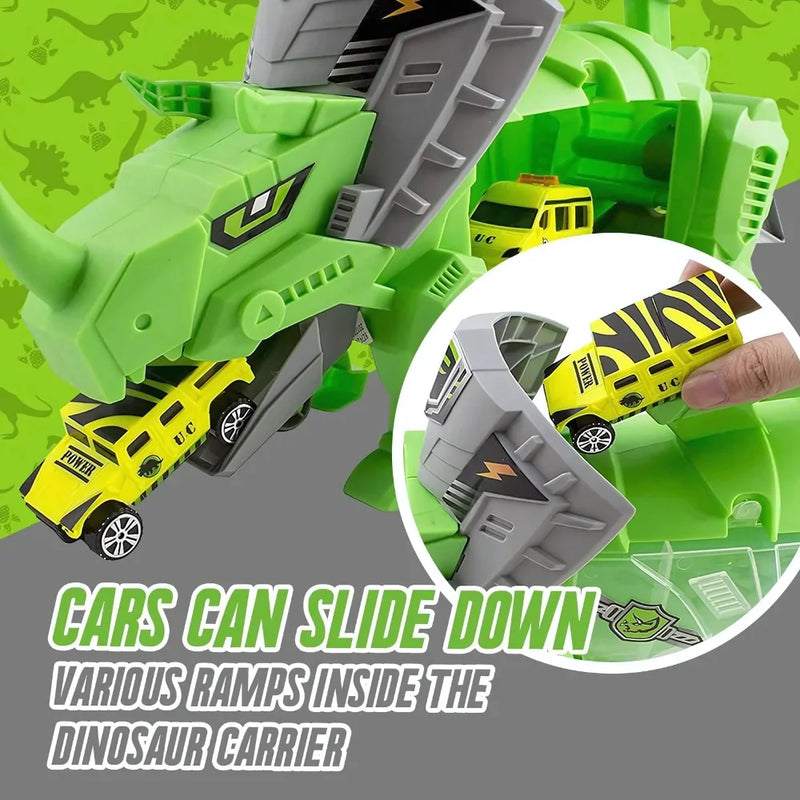 Dinosaur toy carrier with a ramp function, allowing cars to slide down for interactive play.