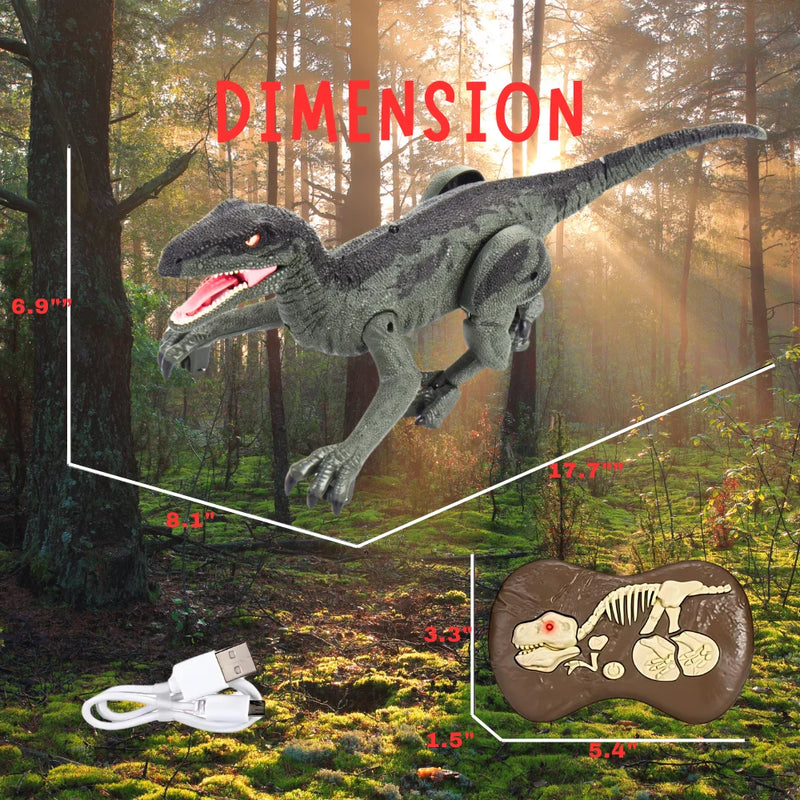 Dinosaur toy with detailed dimensions, USB charging, and fossil-themed remote control