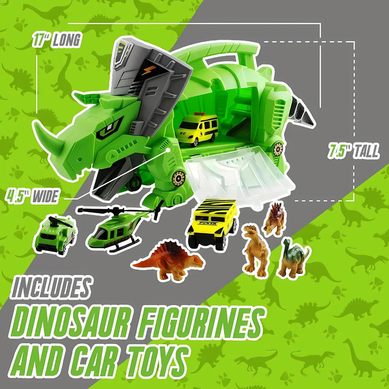 Dinosaur toy carrier set showing 11" long, 7.5" tall, and 4.5" wide, including car toys and dinosaur figures.