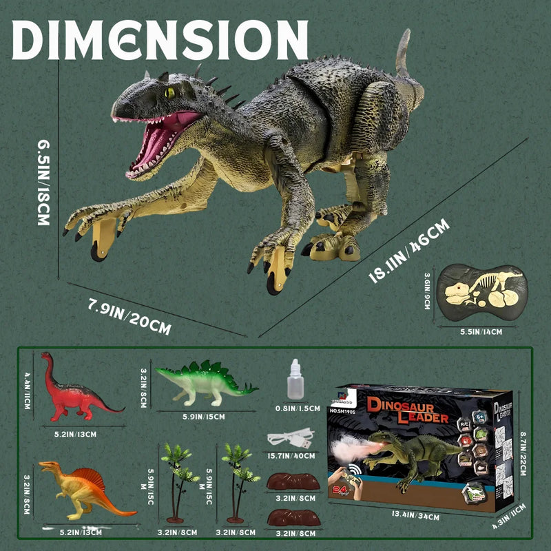 Dimension details and accessory kit of the remote control dinosaur toy for kids.
