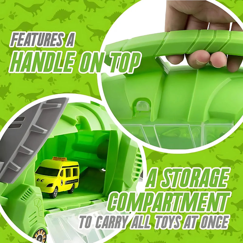 Dinosaur toy carrier with a handle for portability and a storage compartment for toys.