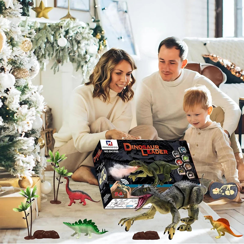 Remote control dinosaur toy with box, USB charging cable, and accessories for kids.