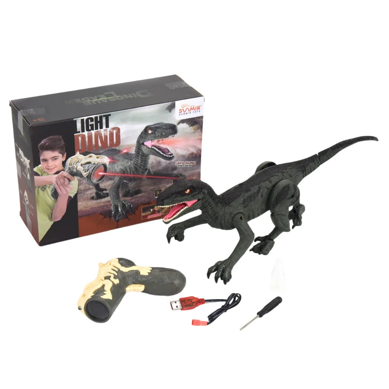 Dinosaur toy set featuring remote control, USB charger, and accessories for kids' entertainment.