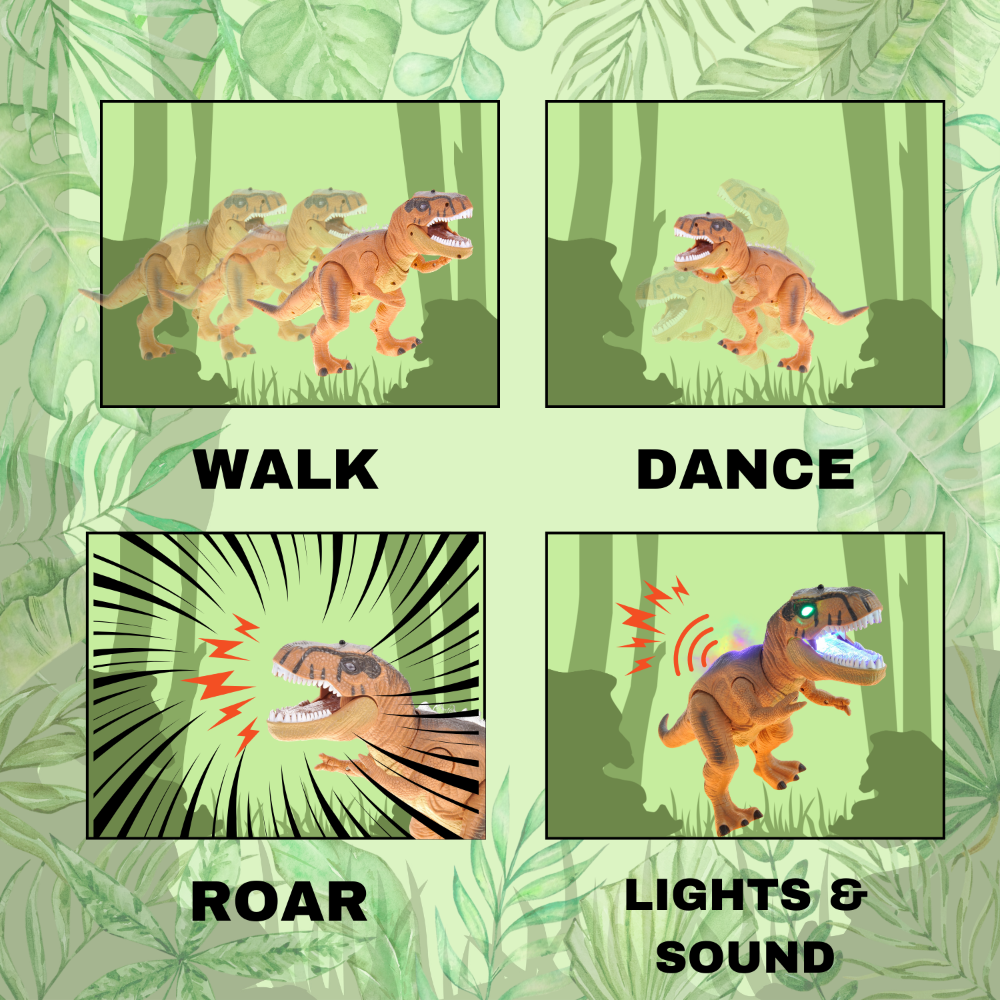 Features of the dinosaur toy showing its ability to walk, dance, roar, and light up with sound effects.
