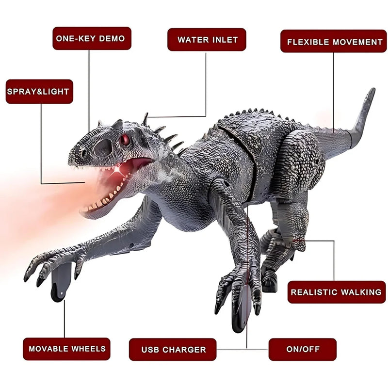Interactive dinosaur toy showcasing spray and light features, flexible movement, and USB charging capability