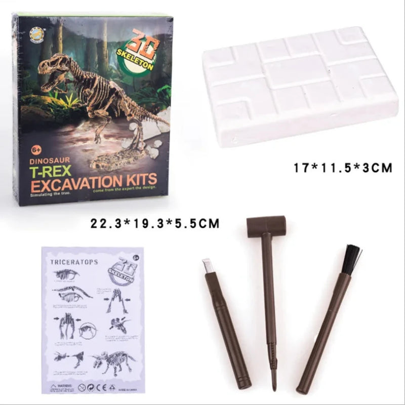 Complete dinosaur T-Rex skeleton excavation kit with bones, tools, and educational instructions