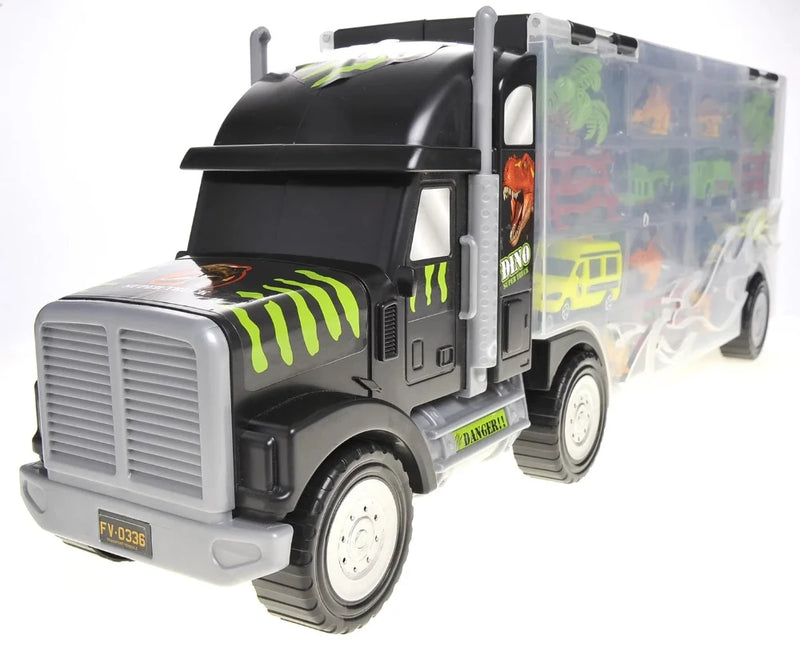 Front closeup of dinosaur truck carrier toy showcasing black truck with dino details and sturdy build