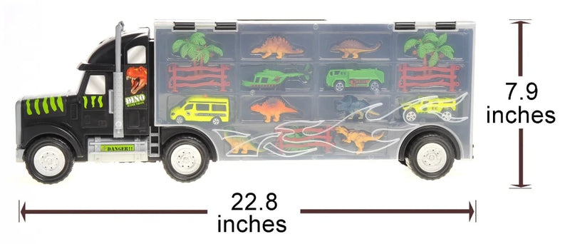 Dimensions of the dinosaur truck carrier toy, showing 22.8 inches long and 7.9 inches high.