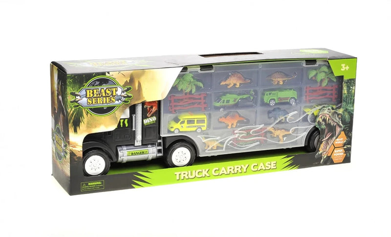 Packaged dinosaur truck carrier toy with vibrant Beast Series branding and dino transporters inside