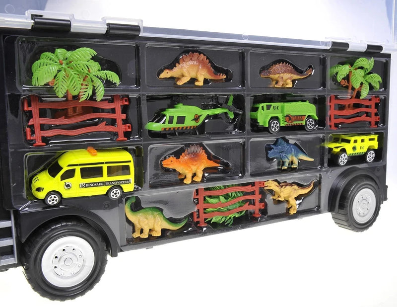Side angle of dinosaur truck carrier with black truck body and organized compartments for toys