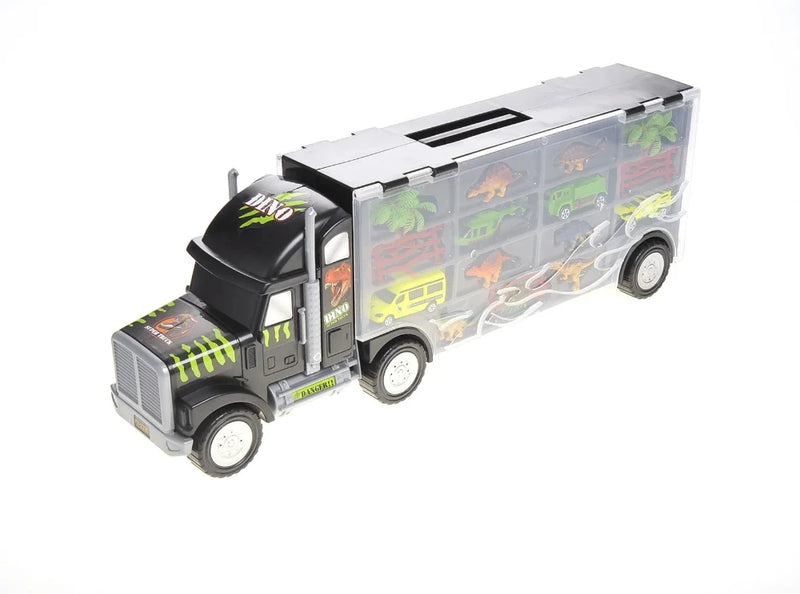 Side view of dinosaur truck carrier toy with mini dinosaurs, trees, and vehicles displayed inside compartments
