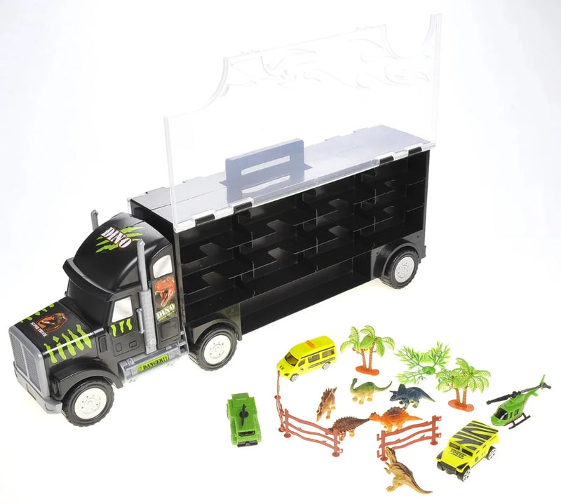 Dinosaur truck carrier toy with storage compartments and accessories including dinosaurs, trees, fences, and vehicles