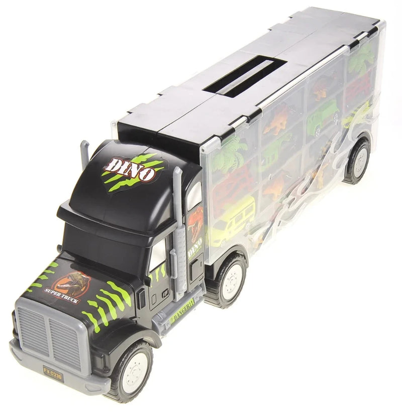 "Top view of dinosaur truck carrier toy highlighting organized compartments filled with dinosaur figures and vehicles