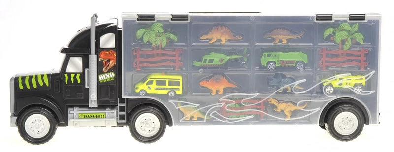 Transparent view of dinosaur truck carrier showing dinosaurs, vehicles, and accessory organization.