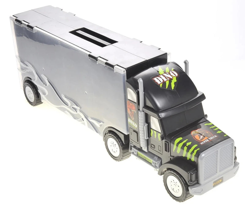 Angled view of the dinosaur truck carry case showcasing detailed truck design.