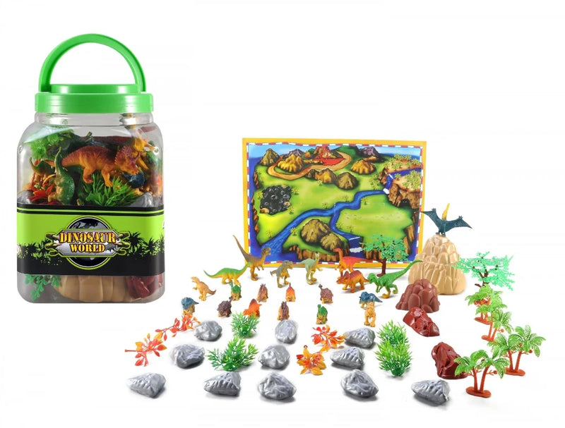 Dinosaur World Playset contents with 50 pieces including dinosaur figures, trees, rocks, and a colorful play mat