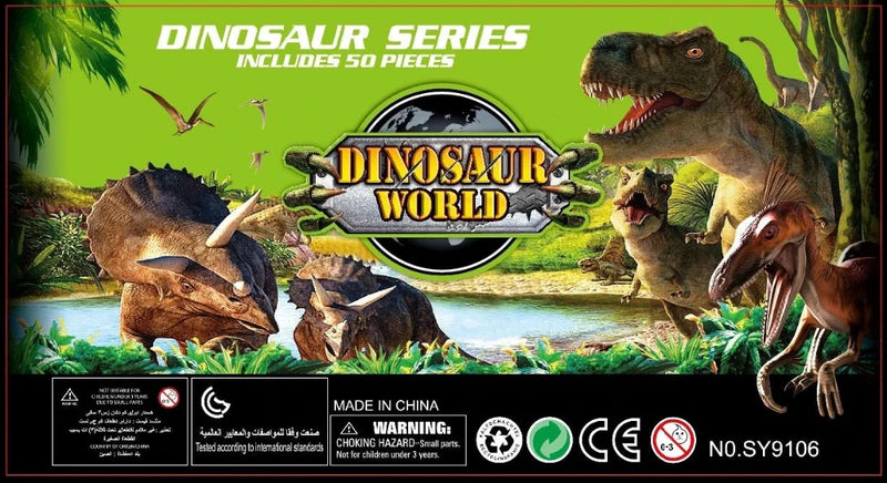Dinosaur World Playset package featuring a vibrant prehistoric scene with dinosaurs and jungle plants