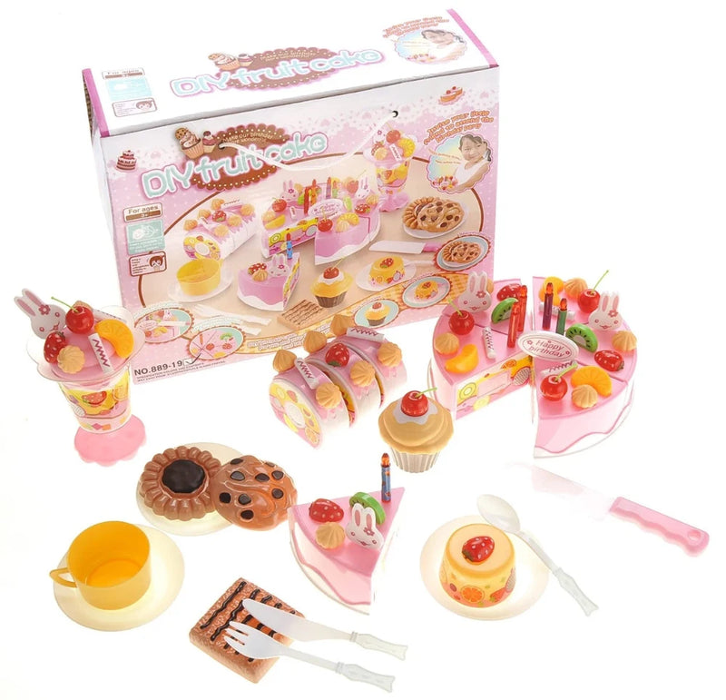 Complete DIY fruit cake toy set with various cake slices, cupcakes, and decoration pieces for kids' pretend play.