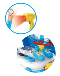 Close-up of kids' doctor playset with light-up thermometer and magnifying glass for realistic play