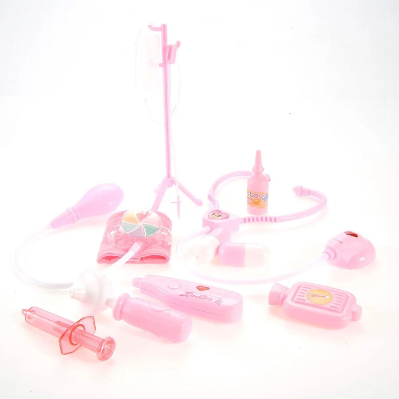 Complete pink doctor play set for kids with stethoscope, syringe, capsule, and IV stand