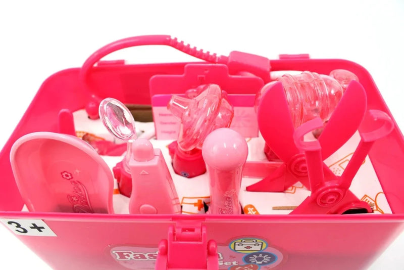 Open doctor play set in pink, featuring various medical tools for fun pretend play