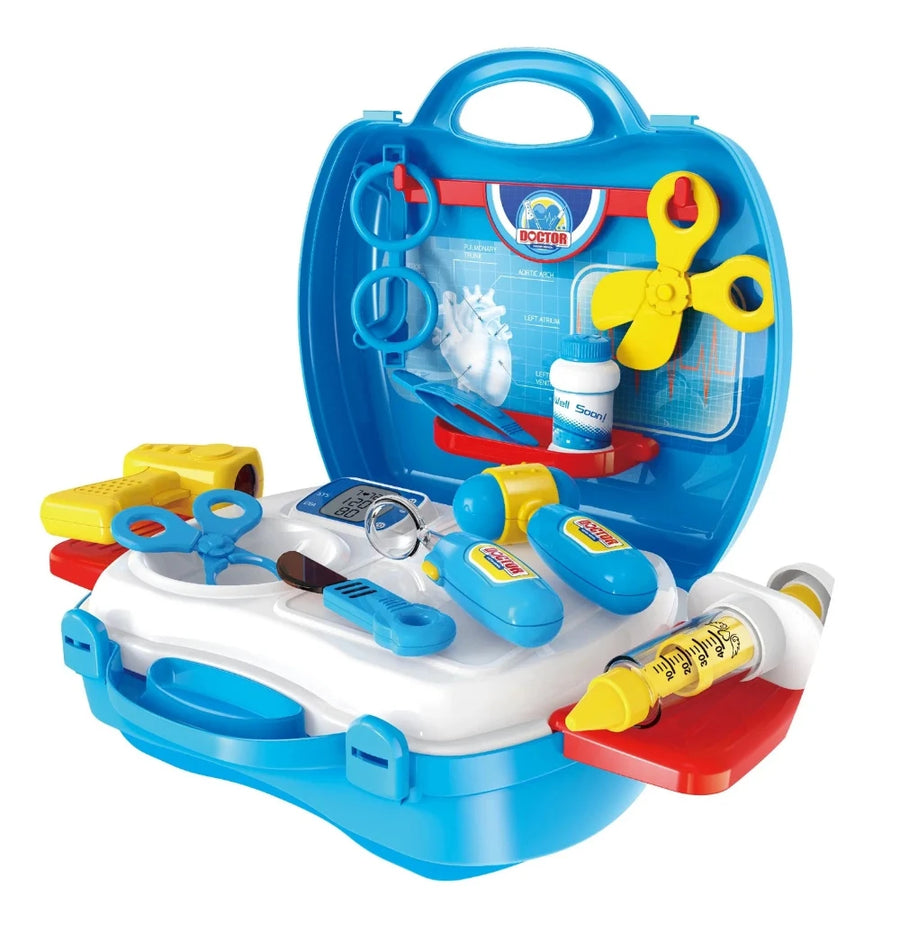 Open kids' doctor playset case displaying medical tools like syringe, scissors, and thermometer