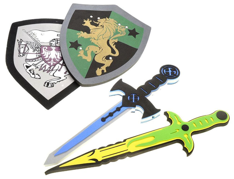 Foam sword and shield set featuring two shields and swords in green and blue designs, perfect for kids' play