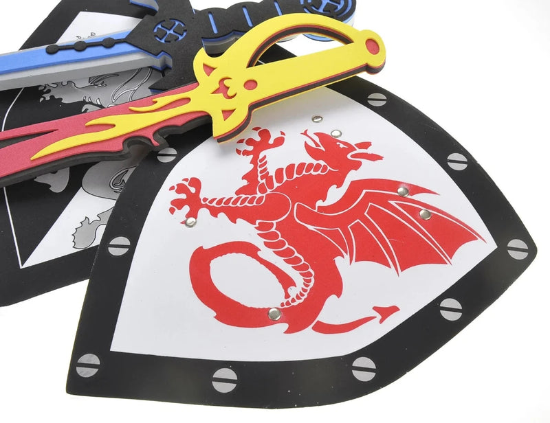 Foam sword and shield with a striking red dragon design, ideal for kids' knight role-play and costume events