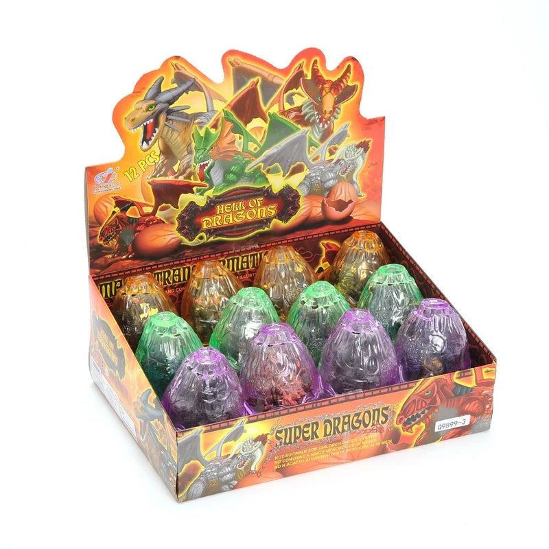 Display box of dragon toys with colorful egg shells in Hell of Dragons collection