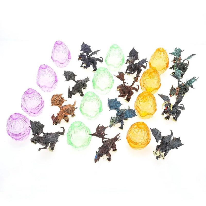 Assorted dragon toy figures and colorful egg shells from the Hell of Dragons set.