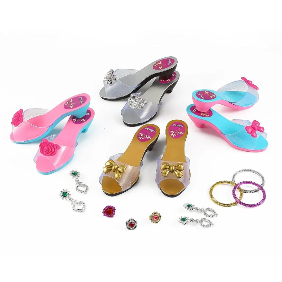 Assorted dress-up toy shoes for kids, including pink, silver, gold, and blue shoes with decorative bows and flowers for pretend play