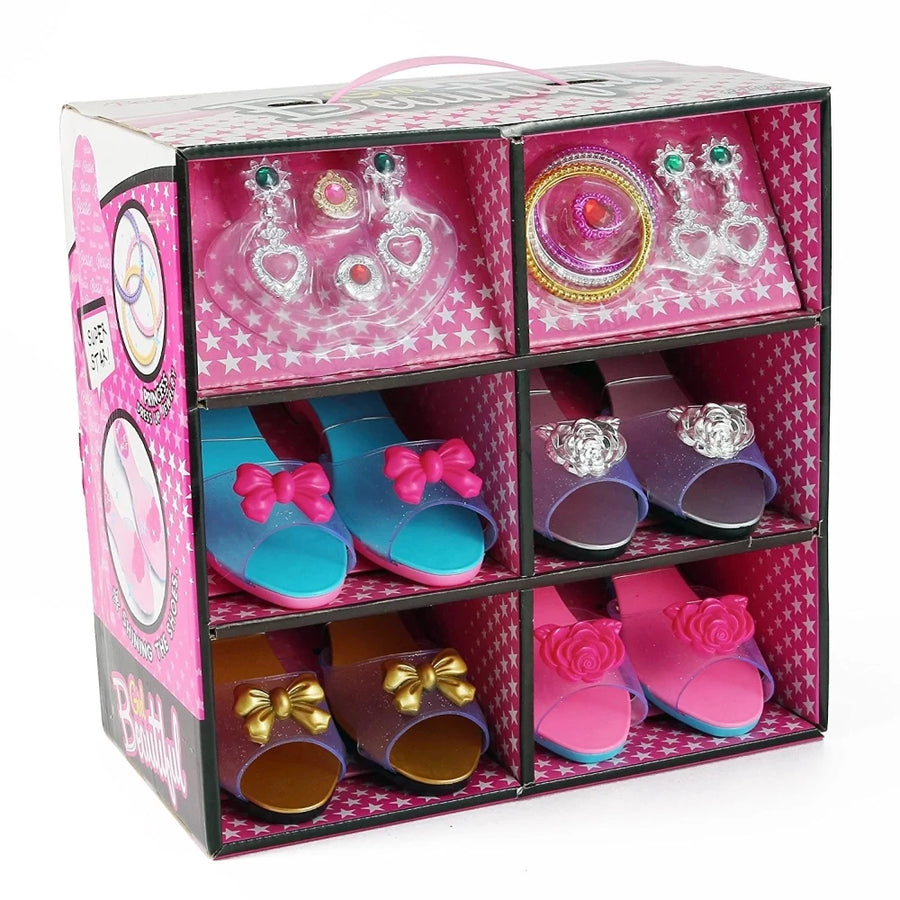 Box set of dress-up toy shoes and jewelry for kids, featuring multiple pairs of shoes and accessories for fun dress-up games
