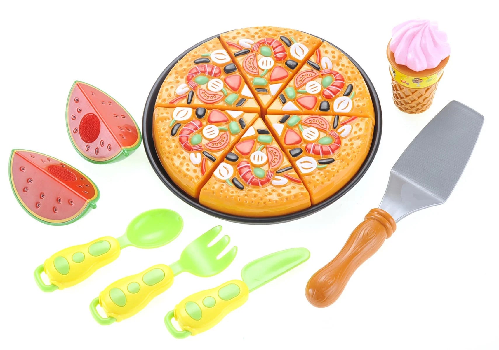 Pizza Playset with Watermelon, Ice Cream, and Utensils – Fun Pretend Food Set for Kids